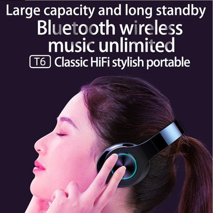 T6 wireless Bluetooth over-ear headset with microphone for calls and music