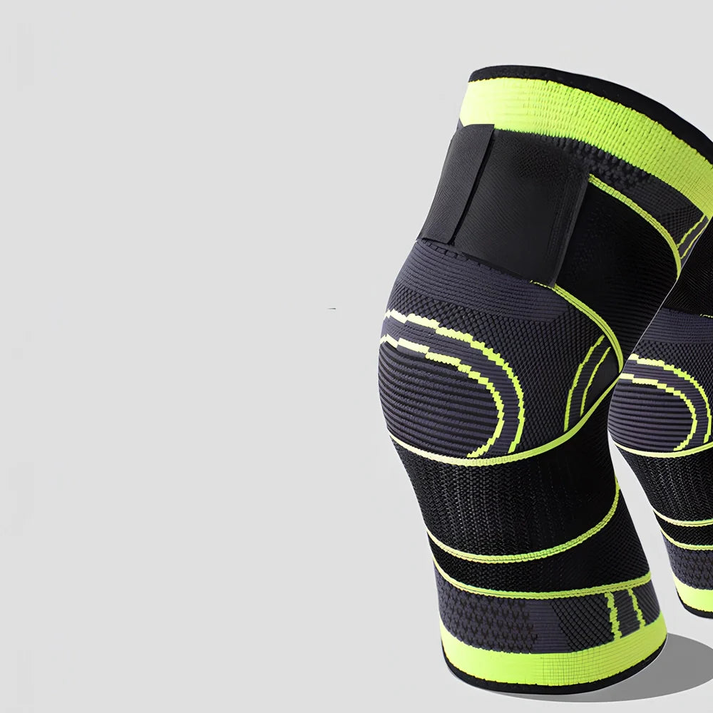 Outdoor sports pressure knee pads in fluorescent green, breathable polyester construction for mountaineering and cycling