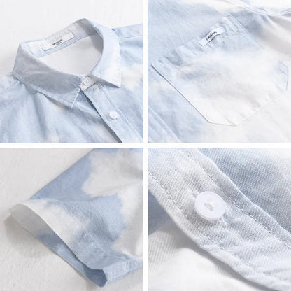 Men's light pink pure cotton short-sleeved shirt with loose cardigan styling on hanger