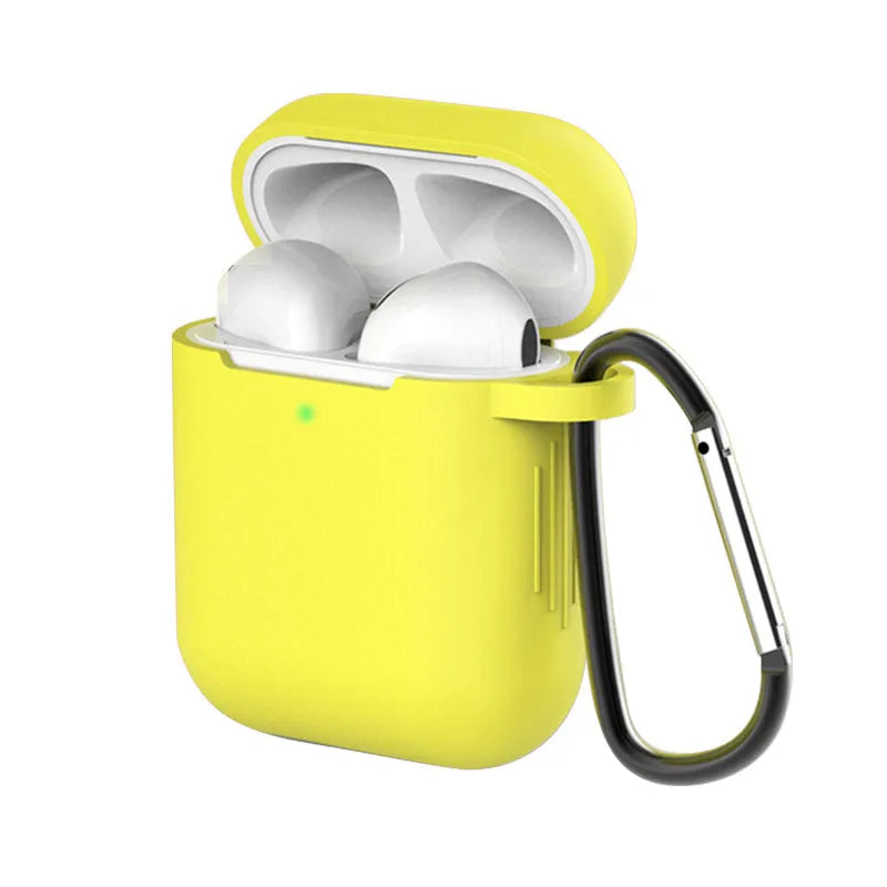 Liquid silicone protective clamshell case for Apple AirPods, shown in multiple colours on a white background.