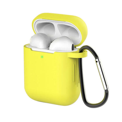 Liquid silicone protective clamshell case for Apple AirPods, shown in multiple colours on a white background.