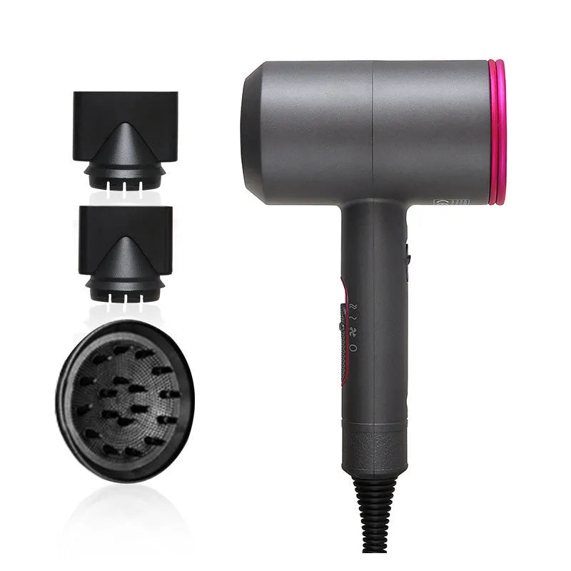 Black hotel hair dryer with 2.5m cable, concentrator nozzle, and multiple international plug adapters
