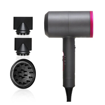 Black hotel hair dryer with 2.5m cable, concentrator nozzle, and multiple international plug adapters