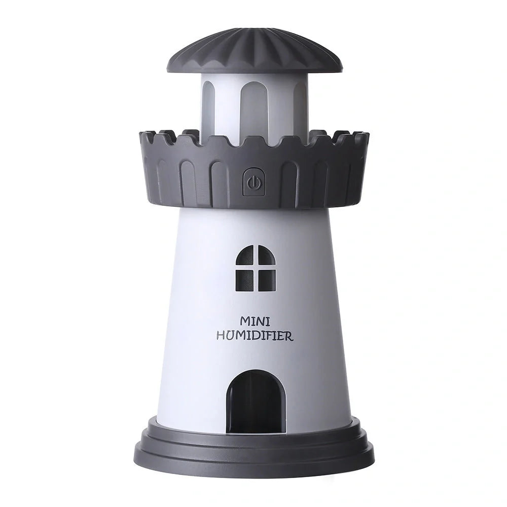 Lighthouse Humidifier with USB night light in five colors: green, pink, blue, red, gray