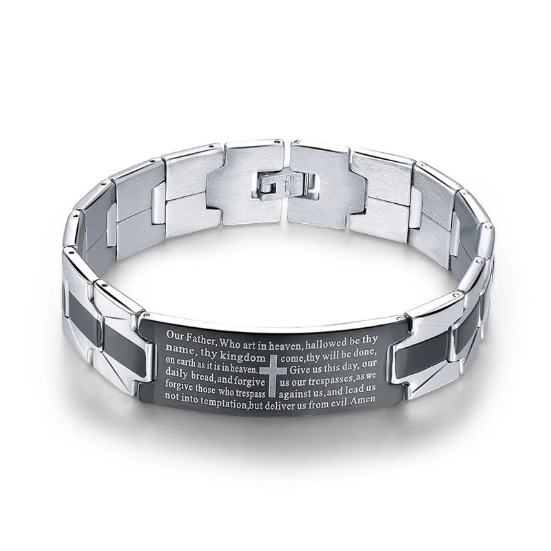 Men's cross stainless steel bracelet with geometric design, silver color