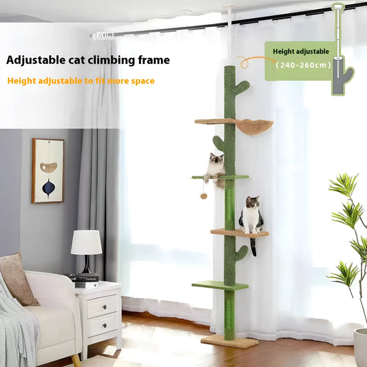 Solid wood cat climbing frame with integrated scratch board and cat nest measuring 240cm tall