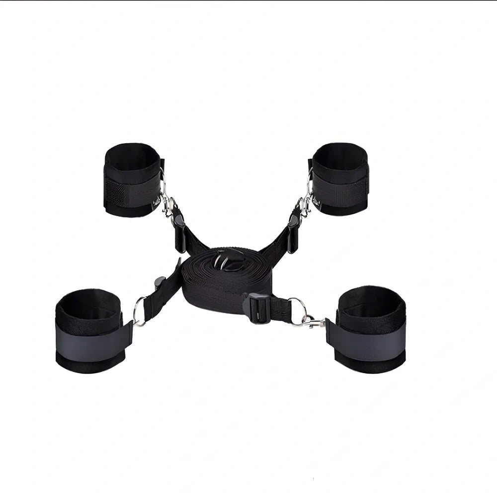 Red plush role-play set with handcuffs, shackles, collar, breast clip, whip, eye mask, mouthball, and cotton rope