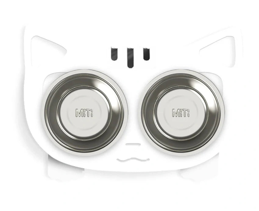 Elevated anti-spill pet food and water bowls in various color options, featuring a sleek and inclined design to prevent spills and keep meals fresh.