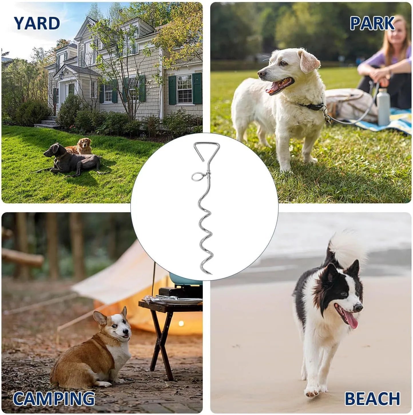 Silver spiral screw dog tie out stake for secure outdoor tethering on grass