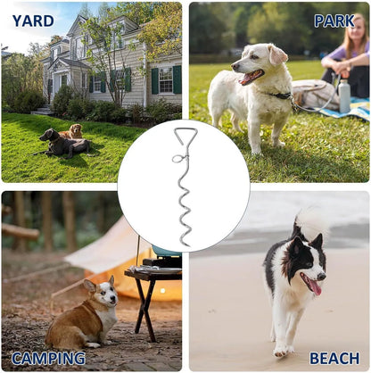Silver spiral screw dog tie out stake for secure outdoor tethering on grass