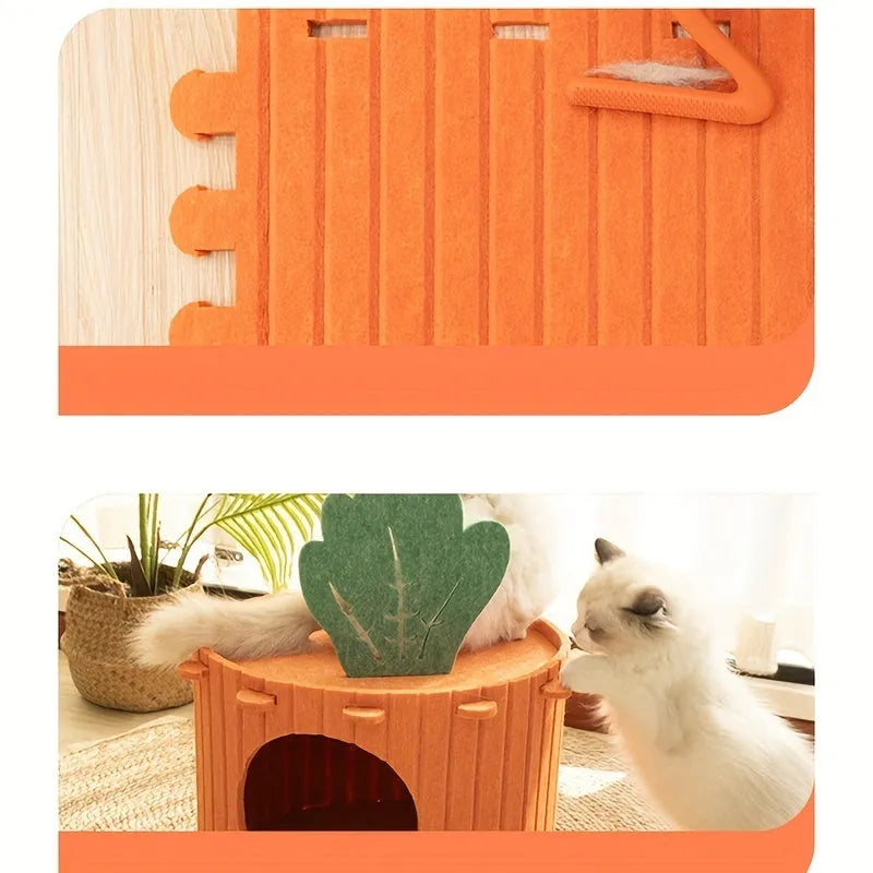 Felt cat tunnel with drilled semi-enclosed design showing peek-out openings