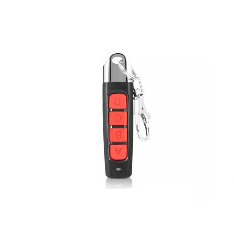 Rolling door remote control transmitter with compact black housing showing dimensions and control buttons