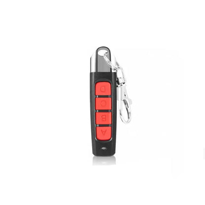 Rolling door remote control transmitter with compact black housing showing dimensions and control buttons
