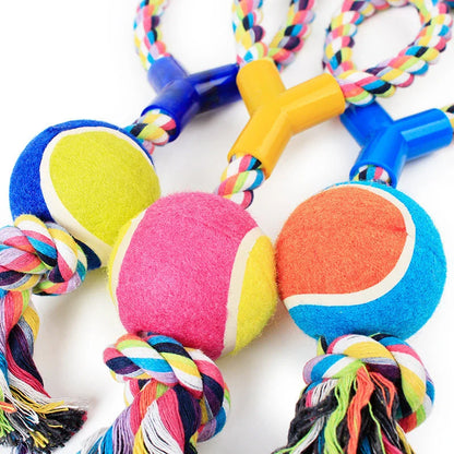 Multi-function dog chew toy with colorful rubber and cotton fiber rope for dental care and playtime