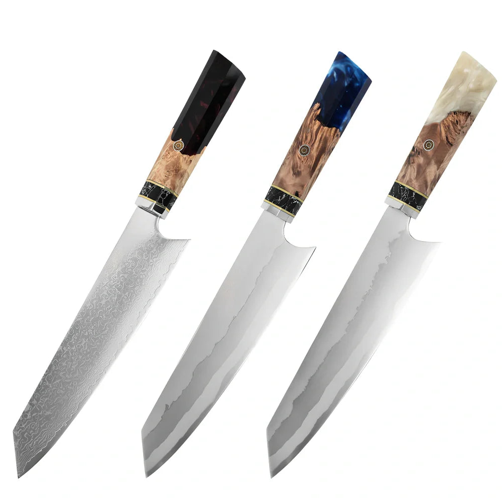 Stainless steel chef knife with 20cm blade and resin handle featuring turquoise stone inlays