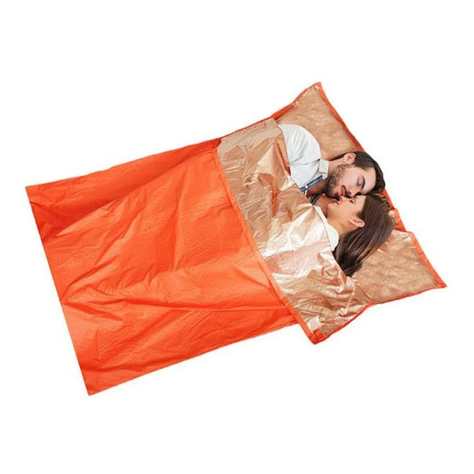 Orange outdoor sleeping bag with silver-coated nylon fabric for heat reflection during camping
