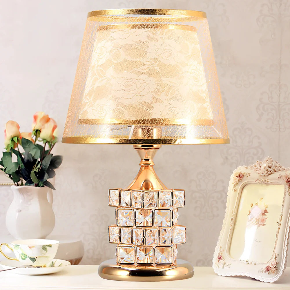 Gold crystal glass bedside lamp, 30cm height, chrome metal base for bedroom lighting in 5-15m² spaces
