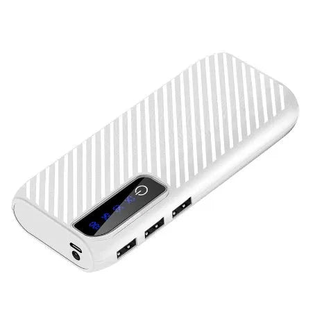 20000mAh mini power bank with compact 142mm design showing dual USB ports for fast charging