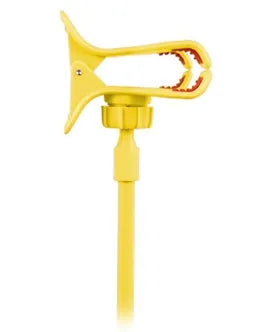 Black flexible arm mobile phone holder with V-clip gripping a smartphone, extended to 70cm on a bedside table.