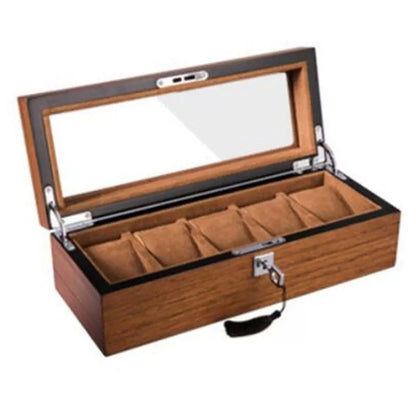 Matte wood grain lock watch storage box with 5 slots, brown color