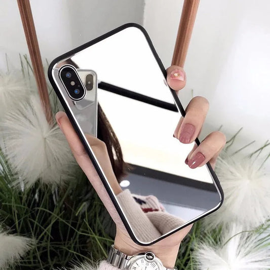 Black iPhone mirror phone case with built-in self-timer glass, compatible with iPhone 7 Plus, 8 Plus, and X models.