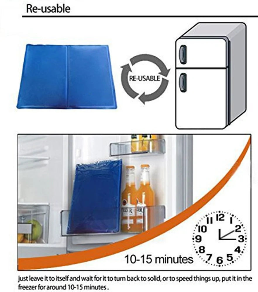 Blue dog cooling mat with pressure-activated ice crystal technology for summer comfort