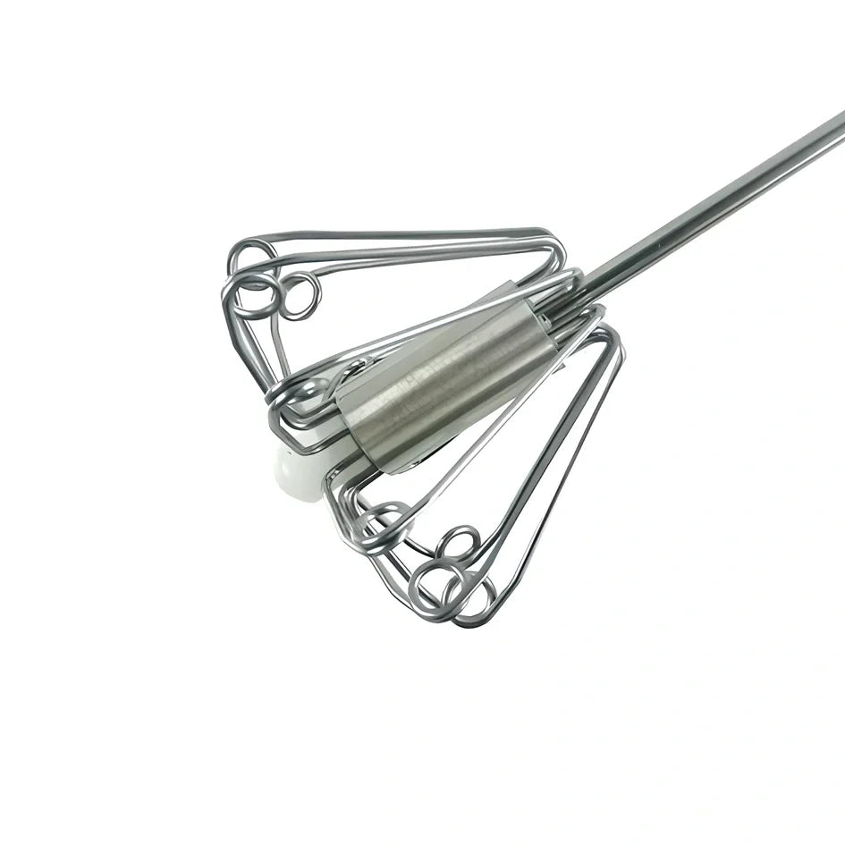 Self-spinning whisk with straight stainless steel design and black handle in multiple colours