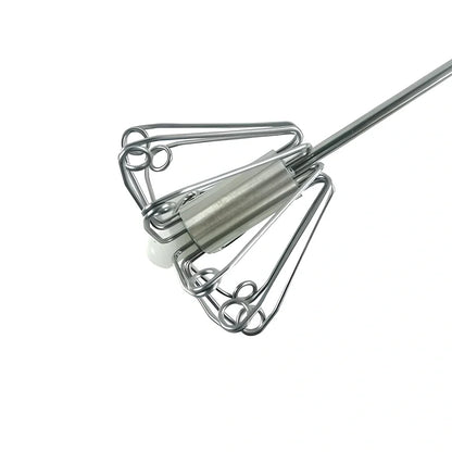 Self-spinning whisk with straight stainless steel design and black handle in multiple colours
