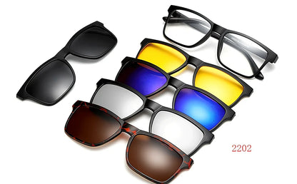 Magnetic sunglasses showing closure system with resin lenses and PC frame in multiple size options