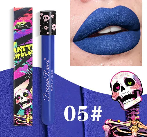 Halloween skull test tube lip gloss in gold and silver matte metallic shades showing doe-foot applicator.