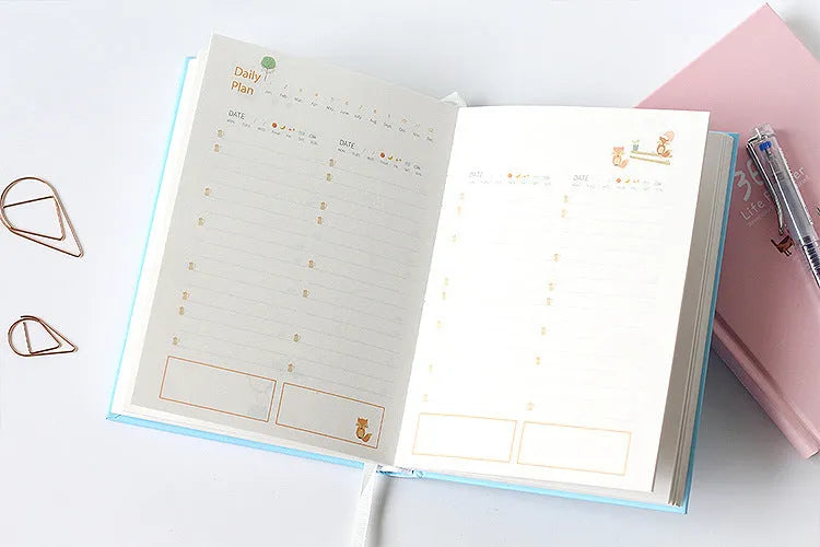Hardback 365 day planner notebook, 13.5 x 18.2cm, 228 pages, 100gsm white cattle paper, Dark Green or Pink