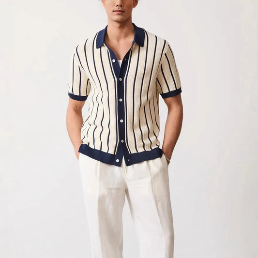 Men's white asymmetric lapel knitted top with short sleeves and striped pattern, ice silk and spandex fabric