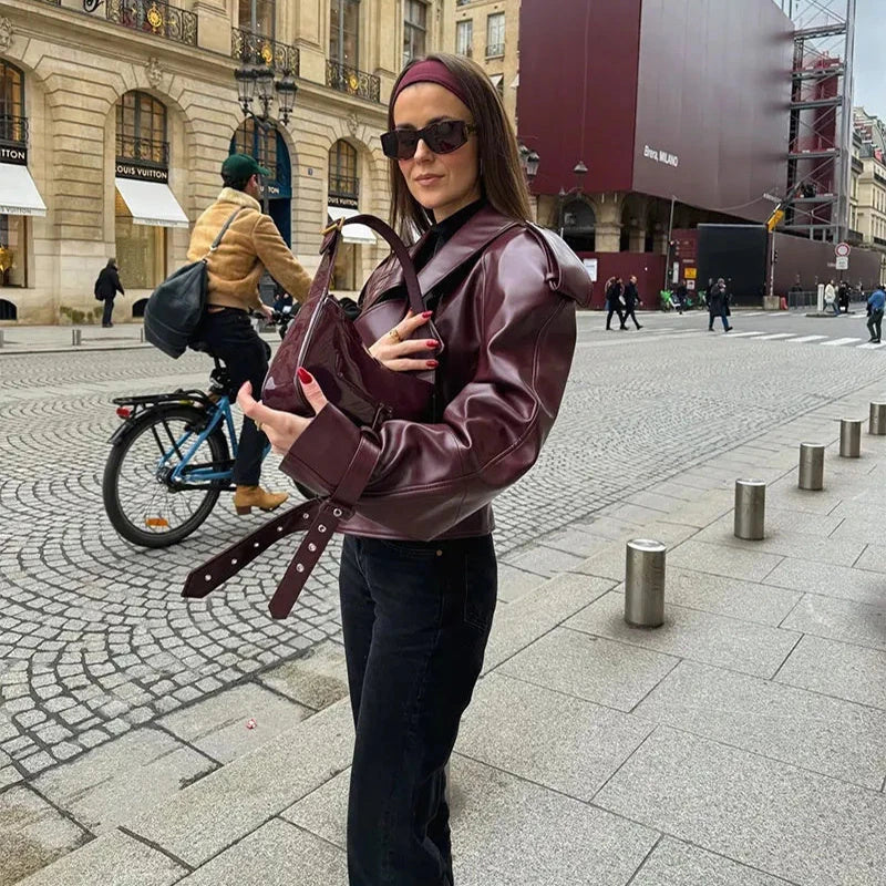 Stylish loose lapel PU leather jacket in multiple colors for women's fashion and streetwear