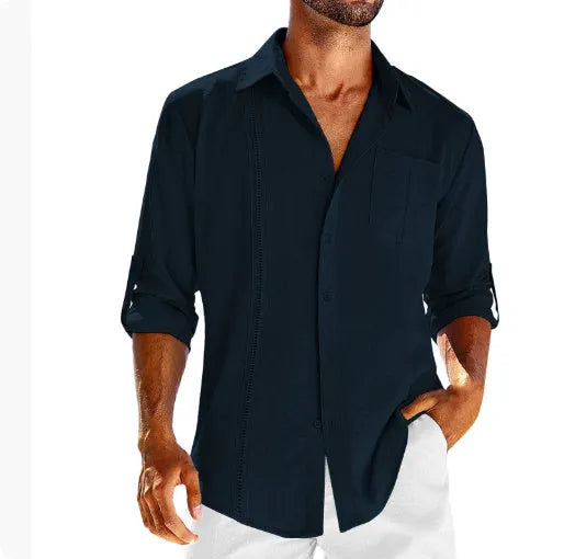 Men's casual long sleeve cotton blend shirt with polo collar, chest pocket, and lace trim detail in solid colours