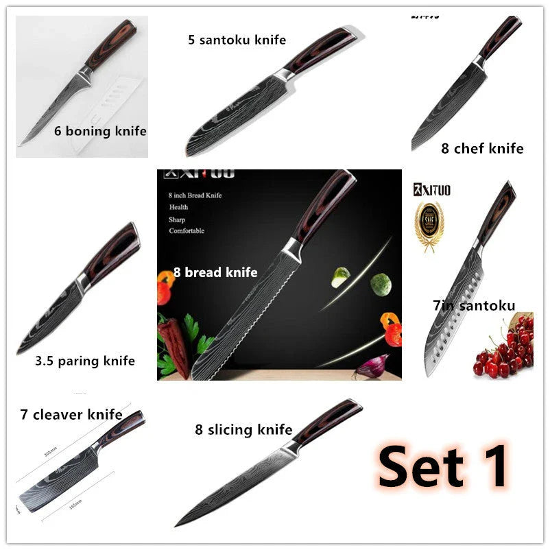 Premium 8-Piece Stainless Steel Chef Knife Set with Elegant Damascus Pattern Blades and Ergonomic Handles