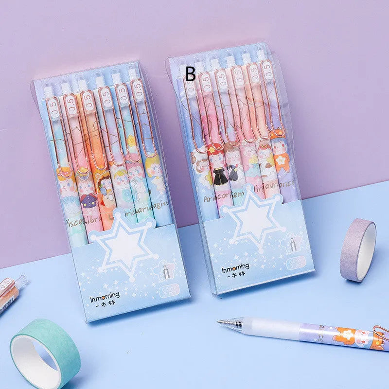Set of six constellation-themed press gel pens with 0.5mm tips in two cartoon style choices.