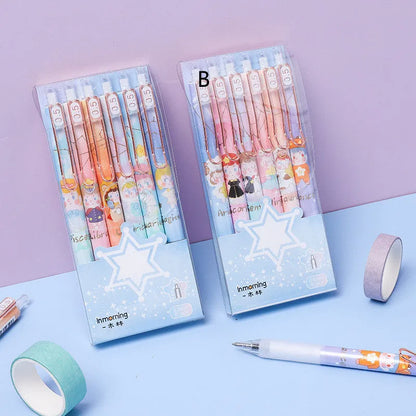 Set of six constellation-themed press gel pens with 0.5mm tips in two cartoon style choices.