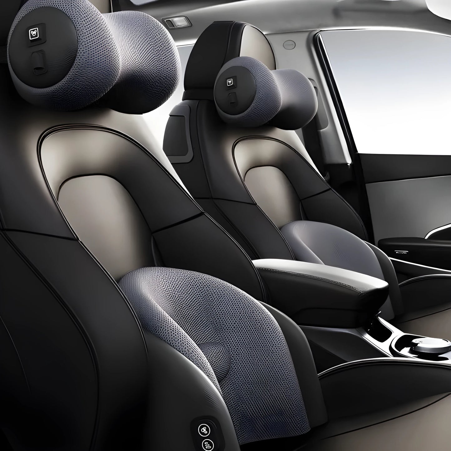 Black car massage cushion with adjustable straps attached to a car seat headrest
