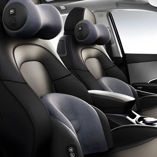 Black car massage cushion with adjustable straps attached to a car seat headrest