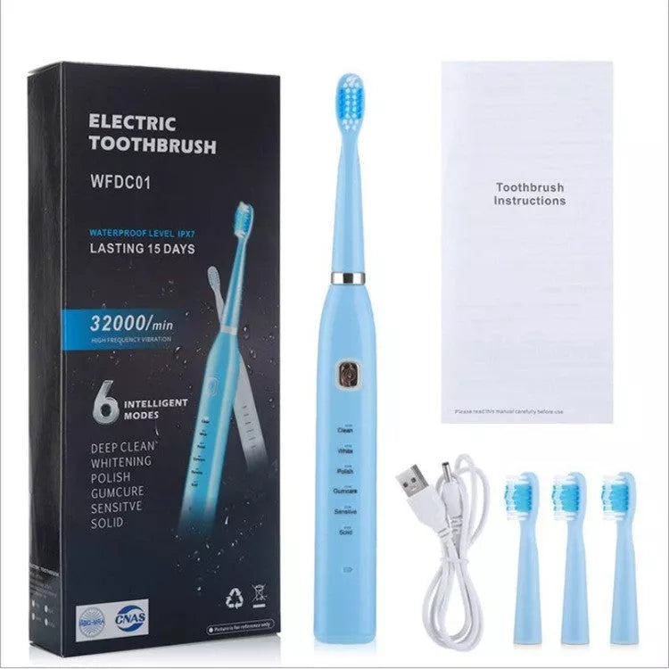 USB Charging Electric Toothbrush in White, Pink, and Blue with 4 Replacement Heads