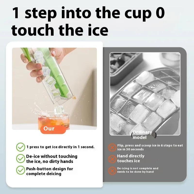 Blue press-release ice cube tray with storage box on a kitchen counter