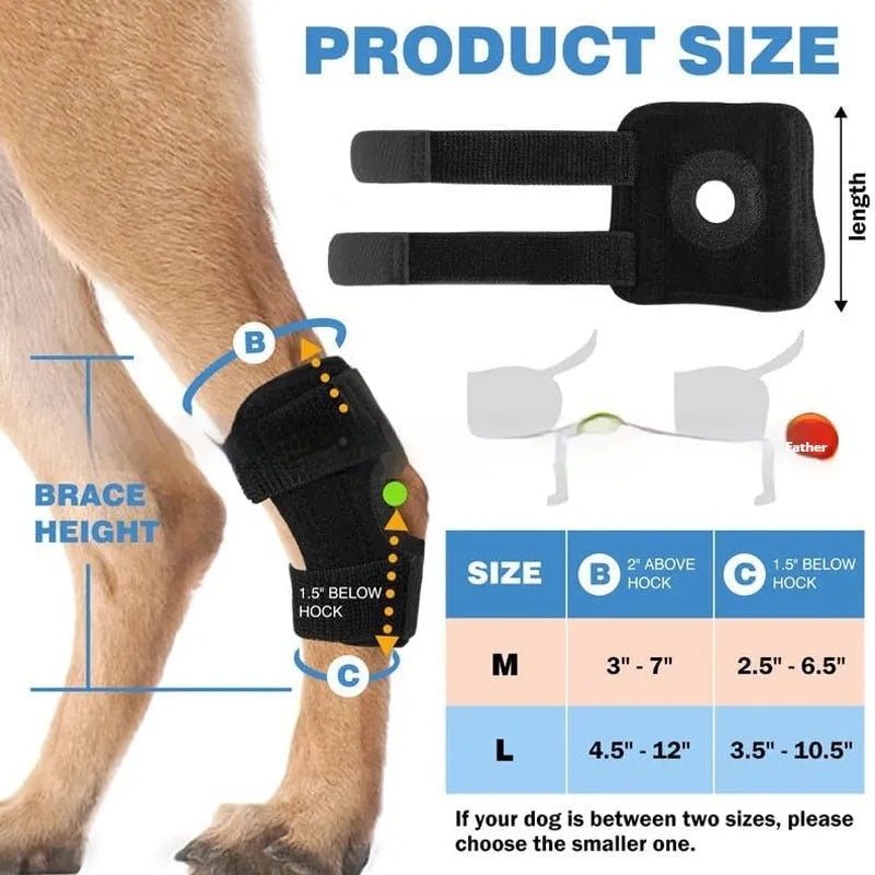 Black pet leg guard for joint support, made from polyester, suitable for dogs and cats with ACL tears or dislocation.