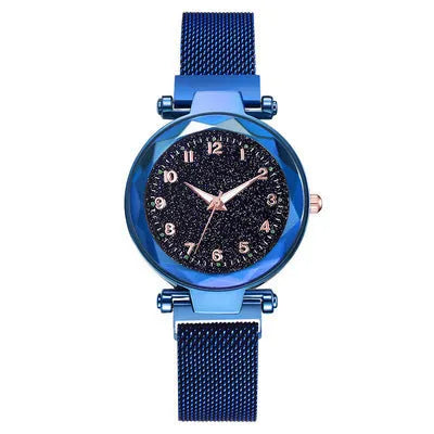 Luminous starry sky quartz watch with 20.5mm round dial, alloy strap, and stainless steel watch-bottom in five colours