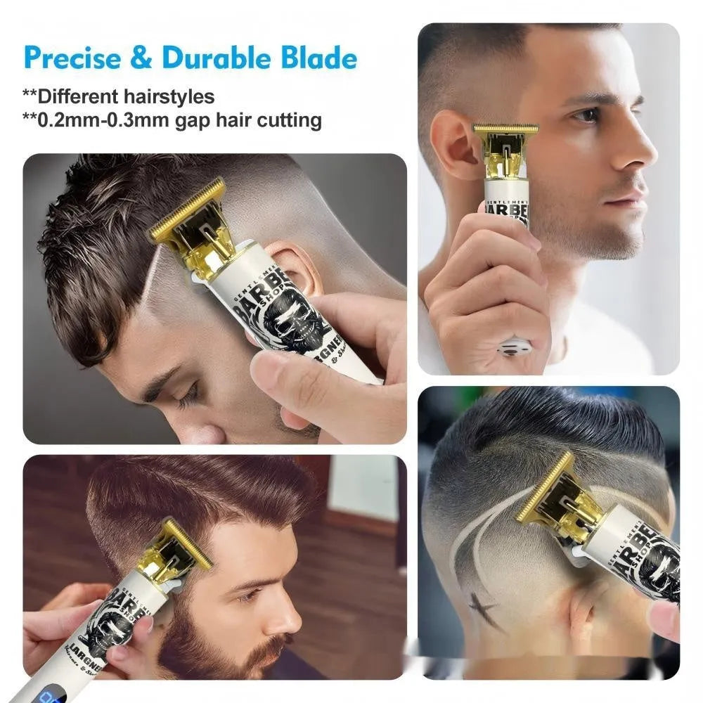 Rechargeable stainless steel hair clipper with USB cable and four attachment combs on a white background.
