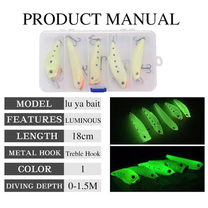 3D fluorescent simulation submerged luminous hard bait fishing gear set with five realistic fish lures in suit colours