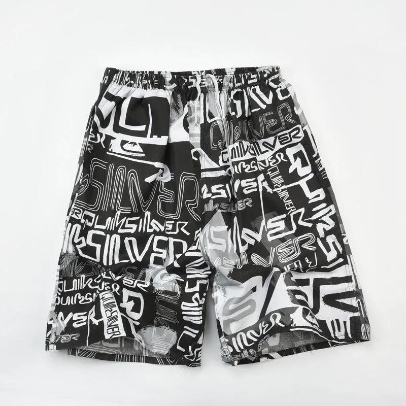 Men's floral printed swimming trunks in polyester fabric showing multiple pattern options for beach and pool use