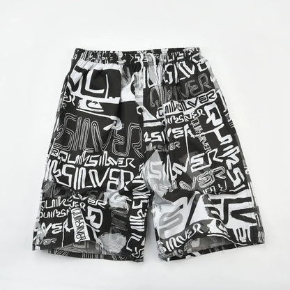 Men's floral printed swimming trunks in polyester fabric showing multiple pattern options for beach and pool use
