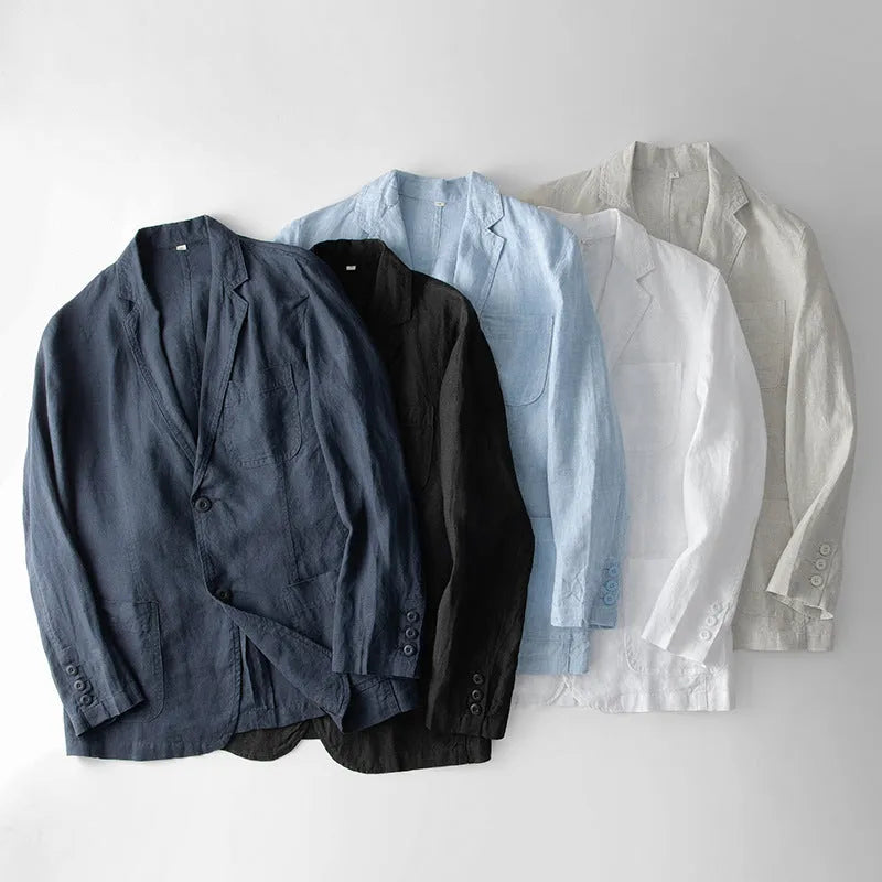 Men's loose fit linen suit jacket in solid colours showing long sleeves and casual styling