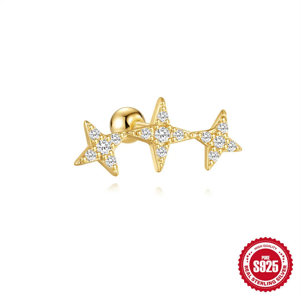 S925 sterling silver floral stud earrings with square gravel detail in a golden electroplated finish.
