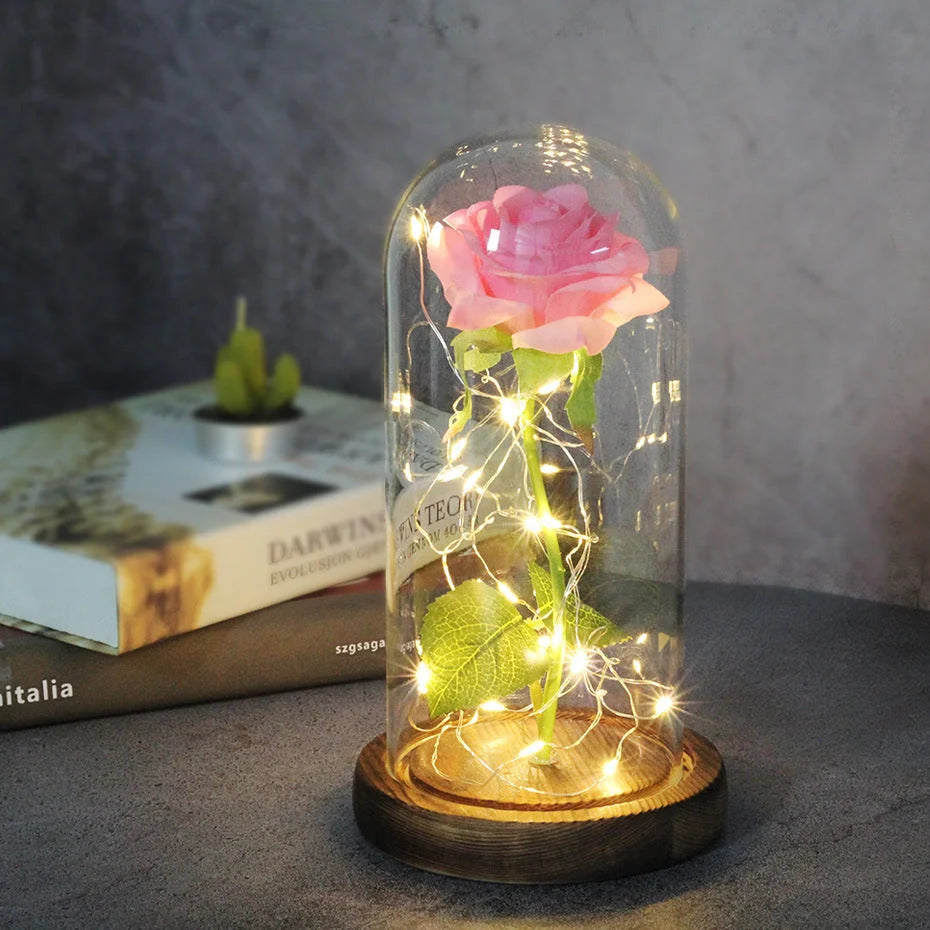 Enchanted Forever Rose in Glass LED Light Christmas Decoration with wooden base